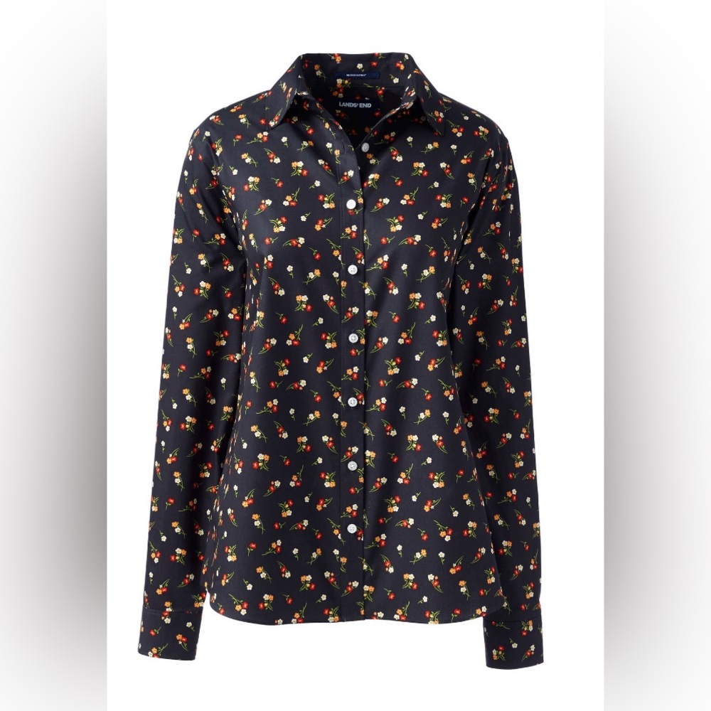 Lands' End No Iron Dress Shirt Black Floral Print Size 18 Petite